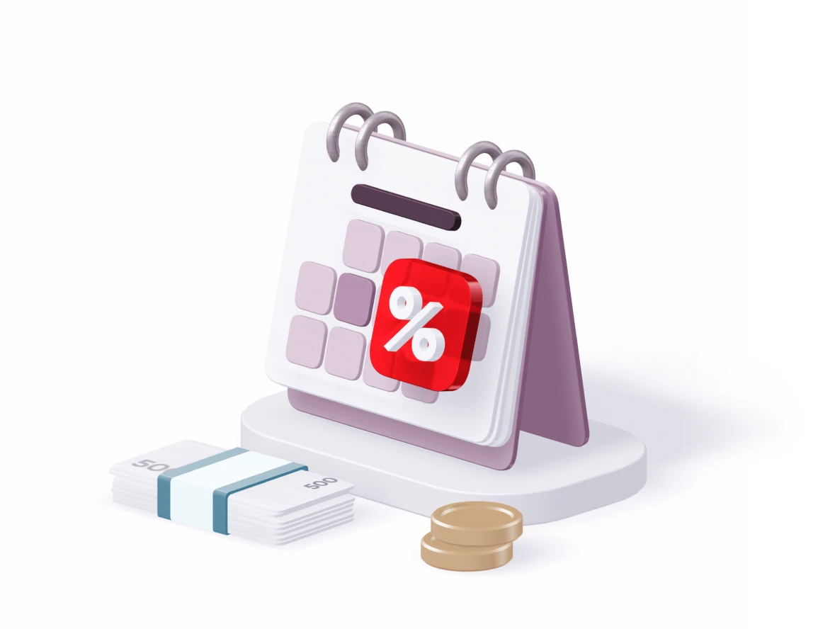 Депозит "Зручний". Оформлення онлайн.Мінімальна сума 100 тисяч гривень,строк 1 день, ставка встановлюється щоденно. Зображено календар, символ "відсотка", стуси банківських банкнот та монет.