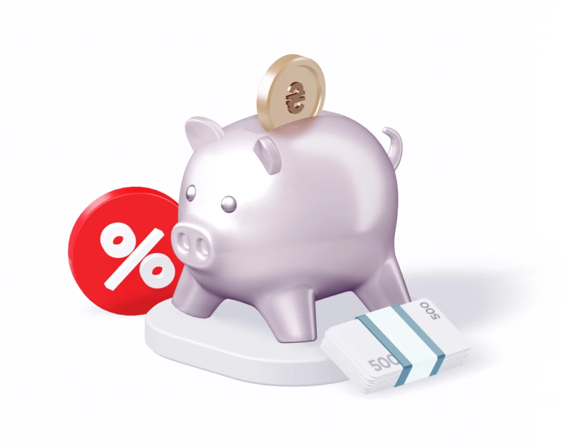 Депозит "Стандартний". Оформлення онлайн.Мінімальна сума 100 тисяч гривень,строк від 2 до 366 днів, ставка до 11%. Зображено скарбничка в вигляді порося, символ "відсотка", стус банківських банкнот.