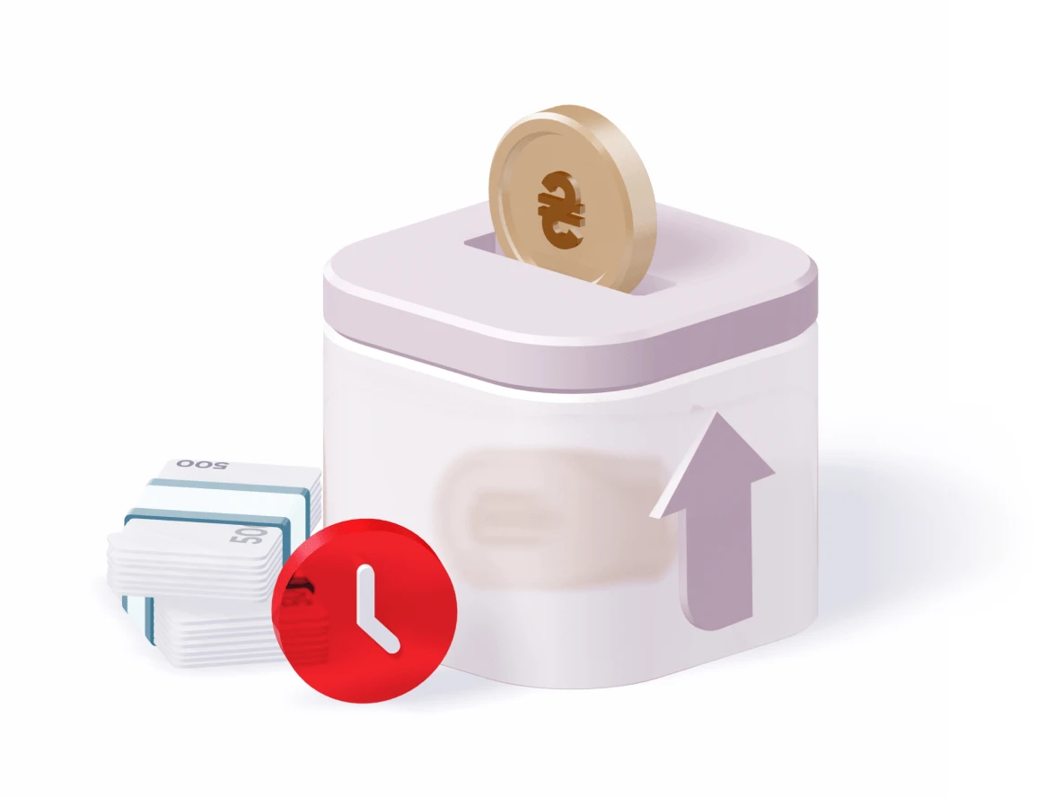 Депозит "Прибутковий рахунок". Оформлення онлайн.Мінімальна сума 50 тисяч гривень,строк 30 днів, ставка до 5%. Зображено манібокс, таймер, стус банківських банкнот.