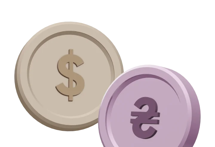 Монети в різних валютах, гривні та долар