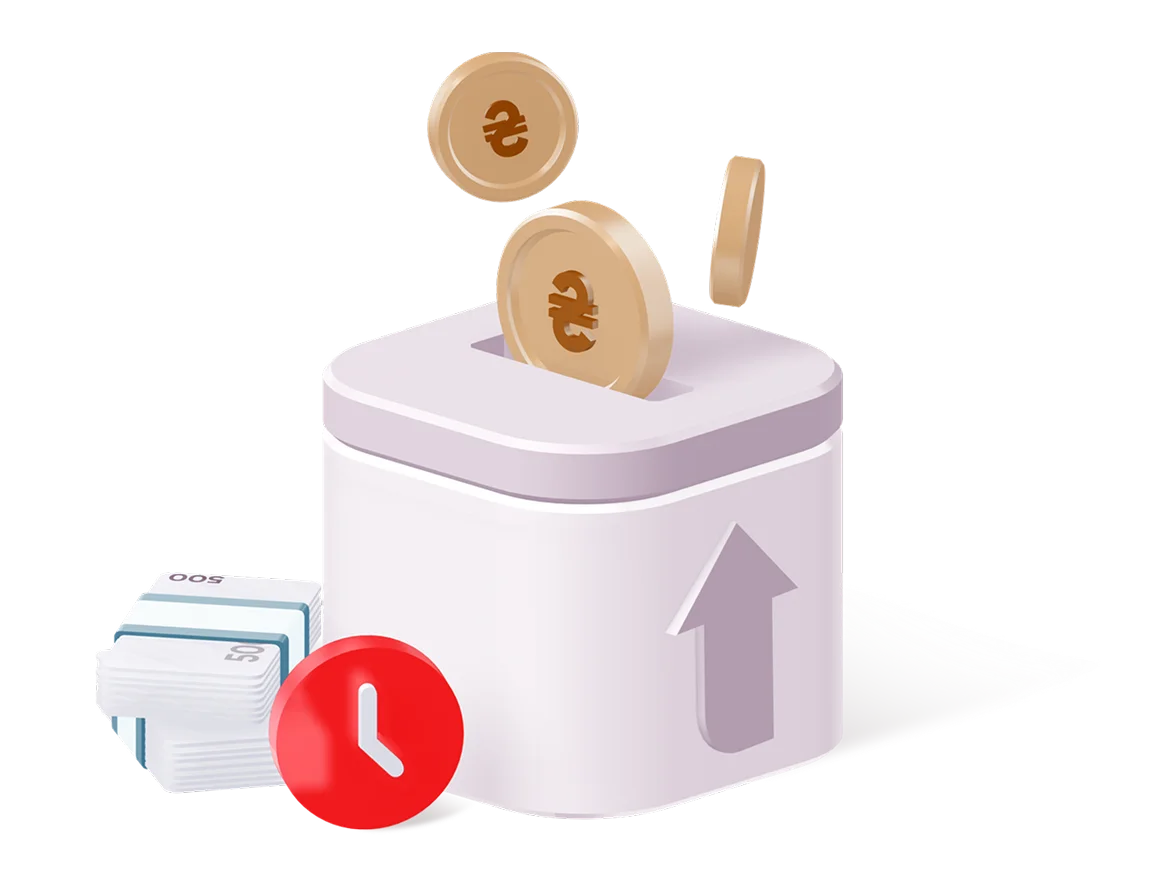 Депозит "Прибутковий рахунок". Оформлення онлайн.Мінімальна сума 50 тисяч гривень,строк 30 днів, ставка до 5%. Зображено манібокс, таймер, стус банківських банкнот.