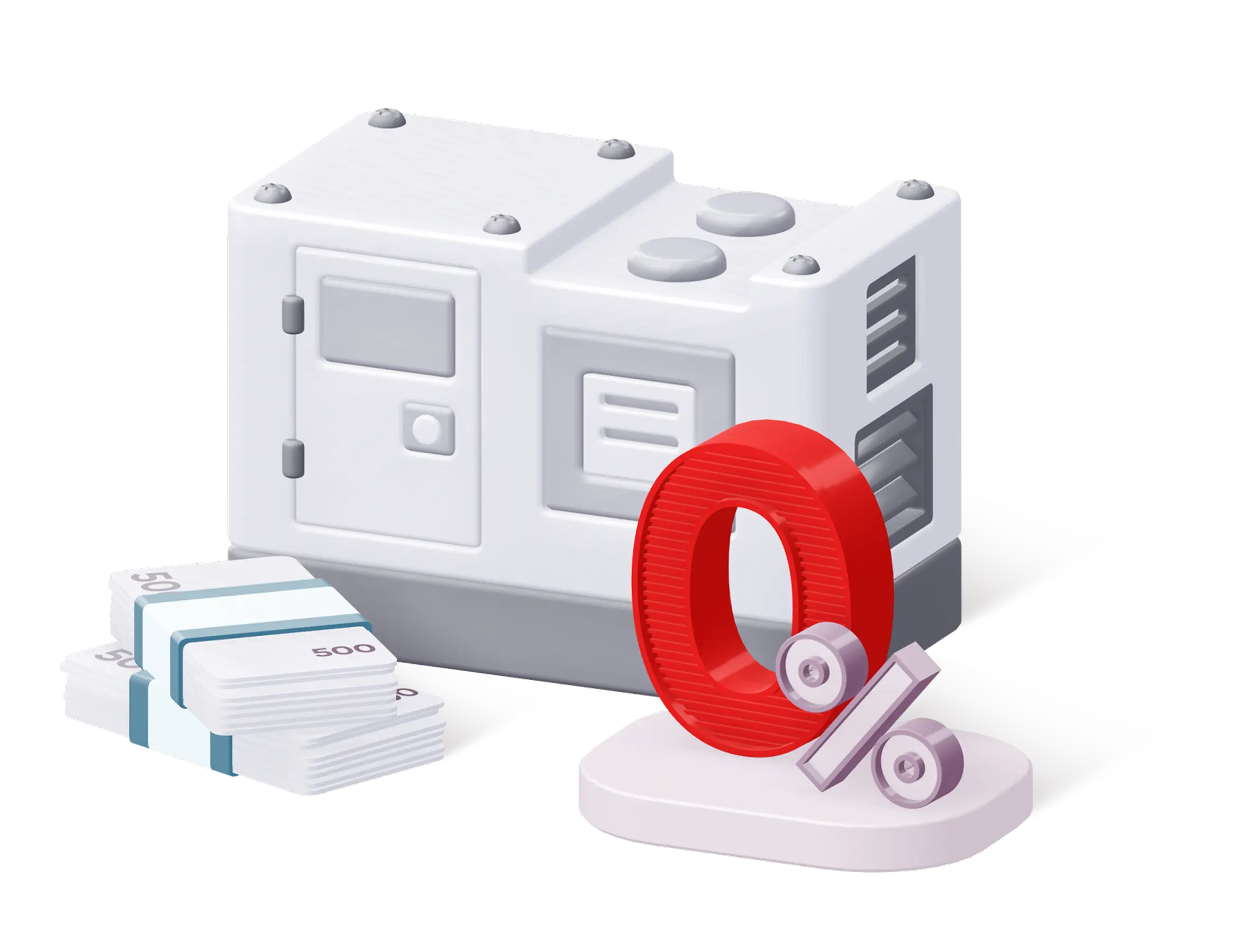 Генератор електроенергії, стоси банкнот і символ 0 %, що означає нульову комісію на енергообладнання