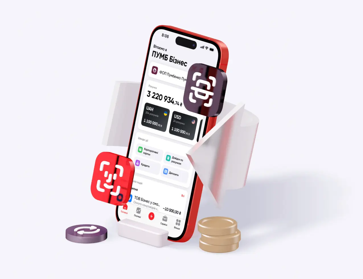 Мобільний телефон, на екрані якого відображається головне меню застосунку "ПУМБ Бізнес", стос монет та емодзі банківських сервісів