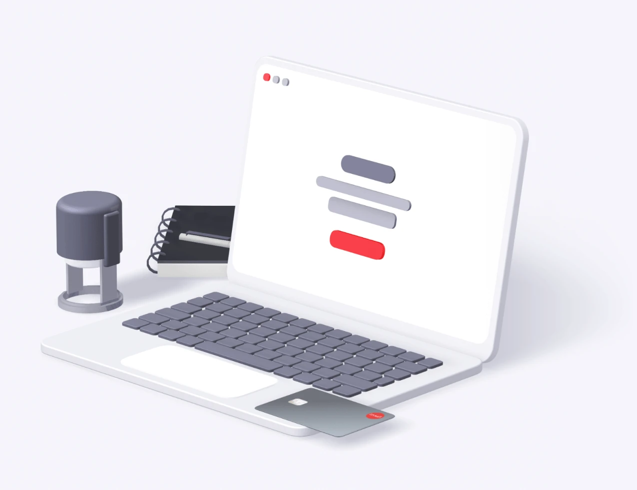 Відкрийте рахунок онлайн не виходячи з дому.Найкращі умови для ведення та розвитку вашого бізнесу. На картинці зображено ноутбук, органайзер, печатка та платіжна картка банку. Нижче, спонукання відкрити рахунок, натиснувши відповідну кнопку.