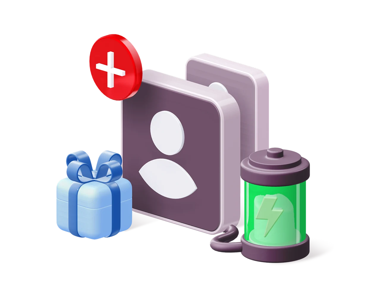 Іконка профілю з символом додавання, подарунком і батареєю, що означає підключення бонусів або ресурсів